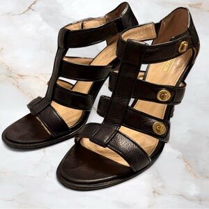 COACH Tamarah Black Leather with Patent AccentsTurnlock Gladiator Heels Sz 9